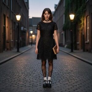 VAMPY Black Floral Lace‎ Mini Dress sz M Whimsygoth Long Sleeve Jude Connally